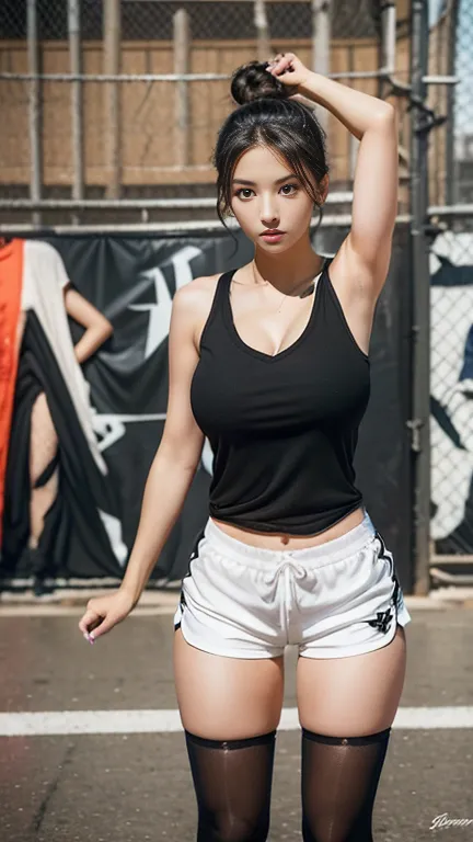 A gorgeous woman with curly black hair in a messy bun, wearing a tight, V-neck basketball jersey and short shorts. The outfit cl...