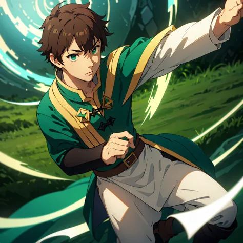 A young man wearing fantasy uniform white shirt, green cape, black pants, black boots, brown hair, green eyes, mischievous face,...