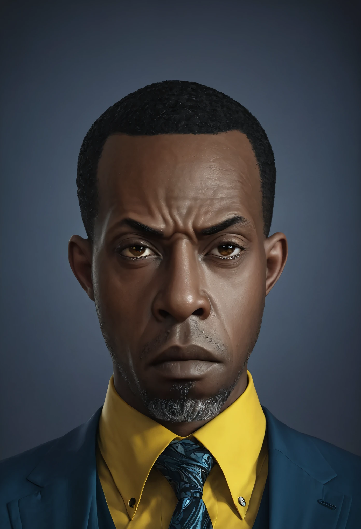 a close up of ,shawt ,a black man in a yellow shirt and tie, for hire 3d artist, closeup character portrait, cinematic bust portrait, character artist, detailed character portrait, character art portrait, stylized portrait, stylized portrait formal pose, highly detailed character design, cgsociety portrait, close up character, nerdy man character portrait, highly detailed character, realistic character concept