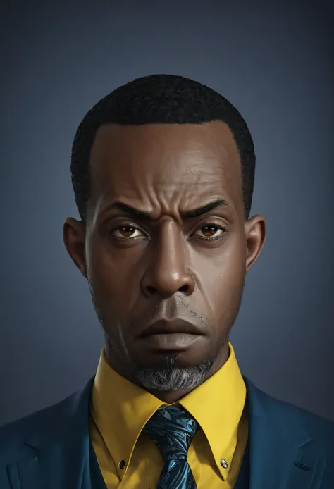 a close up of ,shawt ,a black man in a yellow shirt and tie, for hire 3d artist, closeup character portrait, cinematic bust port...