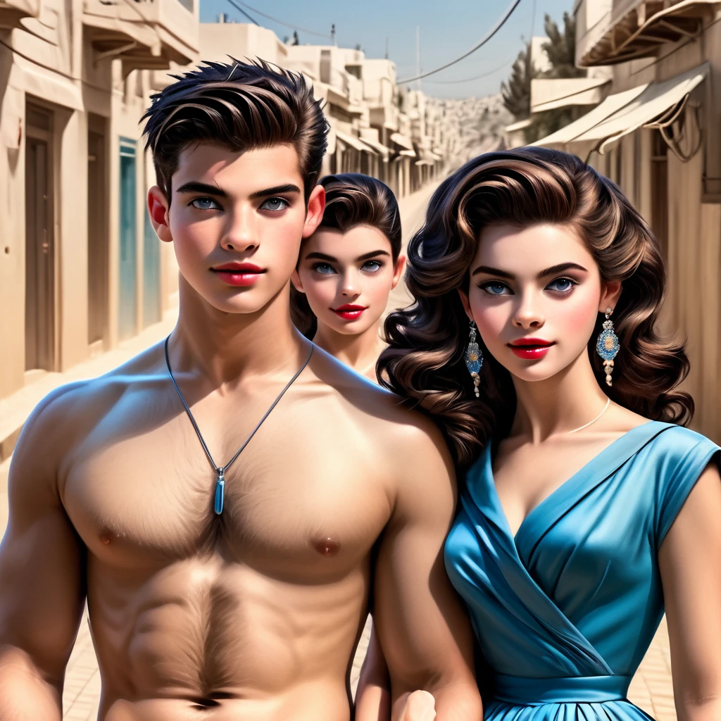 Best quality overall physical looks Very high quality somewhat Anime look with to it but set in 1950s Israel with both males and very attractive feminine females  more overal stronger more muscular looking attractive males that is can be very highly detailed more accurate authentic kinda Israeli=Israel cultural looks and appearances looking authentic accurate lifelike dignified very good looking beautiful and very cute looking very attractive handsome beautiful very Israeli like young men and women together in a very1950s Israeli type Neighborhood and period look and feel and style with 1950s style in Israel fashions and dress very with a very huger ranges DIVERSE VARIETY and variations versions of physical looks types and appearances of Israel/ Israelis males that are handsome tall quite muscular strong best quality for fingers with thumb very clearly sharply detailed and defined cute lovely feminine beautiful women Young very attractive and beautiful looking youths males and females best quality ratio both together in group settings Young very attractive very incredibly handsome a little vaporwave and beautiful looking youths male and females in kinda smaller groups of 5 to 9 settings with a DIVERSE VARIETY and whole ranges of different variations version of physical looks and types and appearances of Israeli types and appearances with shades and ranges of natural kinda dark chestnut and dark brown -Jet or raven black hair shades included in a realistic real like way a 1950s Israel look in background all sharper clearer detailed defines all images more detailed with a variety of scenes of 1950s Israel-Israeli life a beautiful real way also have kinda angled clearer sculptured sculpted almost model like looks and types handsome and beautiful real like authentic realistic" Women in 1950s female styles fashions dresses skirt  outfits with more of included in tones shades colors with tans khakis olives greens of all types ranges of blues reds oranges yellows with polk