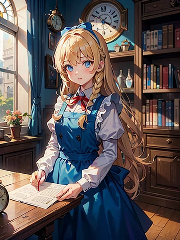 (8k, highest quality, Tabletop:1.2), Ultra-high resolution, Alice in Wonderland, 10-year-old girl, Detailed face, blue eyes, Blonde, Braid, Long Hair, Ribbon on head, Blue Dress, White apron, In a room with a big clock, Clock, wall clock, Bookshelf