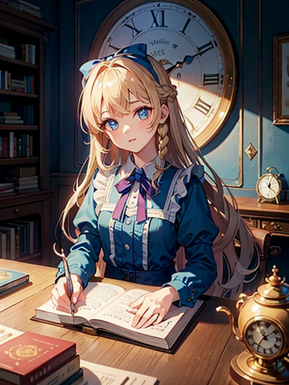 (8k, highest quality, Tabletop:1.2), Ultra-high resolution, Alice in Wonderland, 10-year-old girl, Detailed face, blue eyes, Blonde, Braid, Long Hair, Ribbon on head, Blue Dress, White apron, In a room with a big clock, Clock, wall clock, Bookshelf