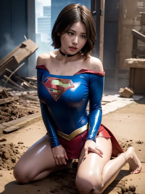 masterpiece、Supergirl Costume、short hair、barefoot、Big and ample breasts、Crisis situation、Complete surrender、Mud stains、Rubble pi...