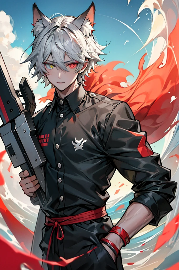 masterpiece，need，Ultra-high resolution，Black Shirt，pants,(Short silver-grey hair)，Heterochromia,Yellow and red eyes，youth,Banya，Coral，cloud，Wave，Kamimei,Wolf Ears