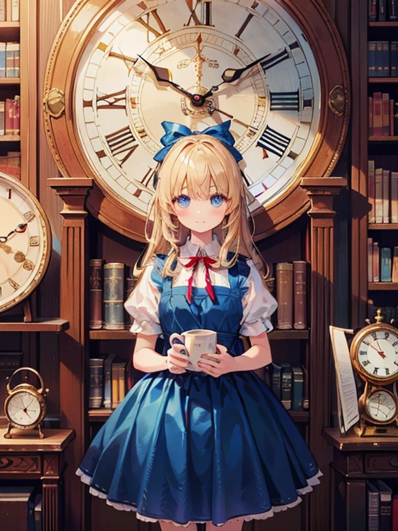 masterpiece, highest quality, Very detailed, 16k, Ultra-high resolution, Cowboy Shot, Alice in Wonderland, 10-year-old girl, Detailed face, blue eyes, Blonde, Braid, Long Hair, Ribbon on head, Blue Dress, White apron, In a room with a big clock, Clock, wall clock, Bookshelf