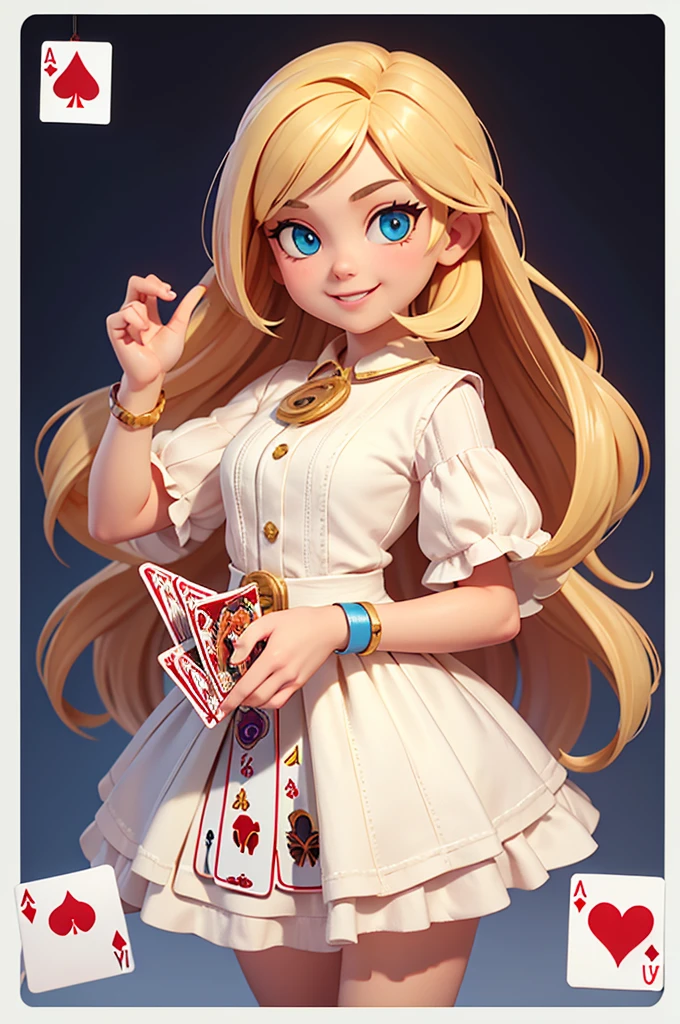 A girl,8k Highly Detailed, casual games, , 3D Art Style, Half-length photo,Makers,White background,big eyes,blond,Lovely,Makers,Poker cards in hand,Mature woman,Solid color background,long hair,Smile