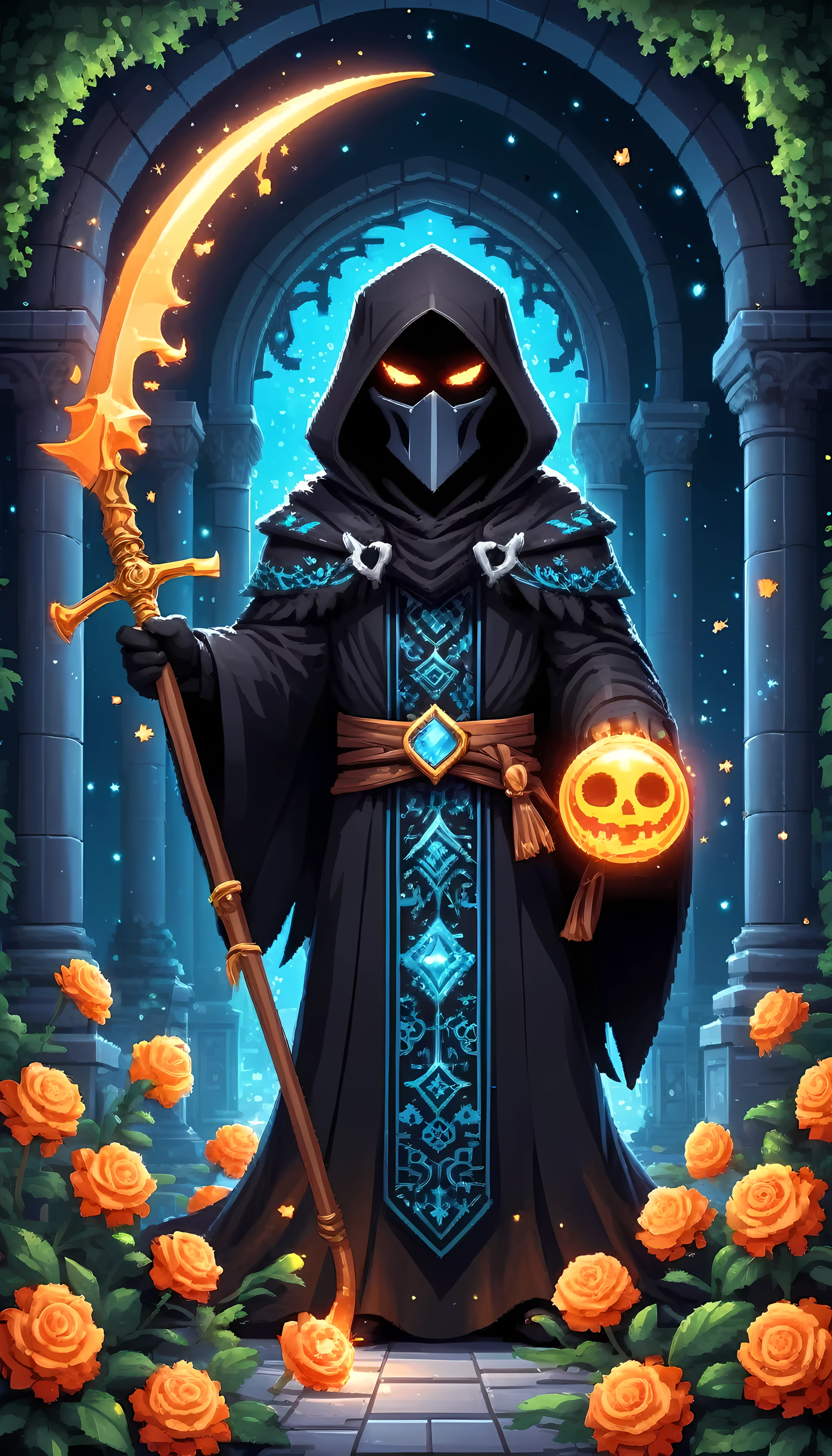 Bright epic professional (cute cartoon pixel illustration:1.2), (masterpiece in maximum 16K resolution, superb quality, ultra detailed:1.3), grip reaper holding a long (decorative scythe:1.2) with (light blue magic orbs), (holding a single rose), standing near a (grand tombstone), wearing a full dark cloak with (glowing runes), amidst forest cemetery, sparkles, starry night with crescent moon.
