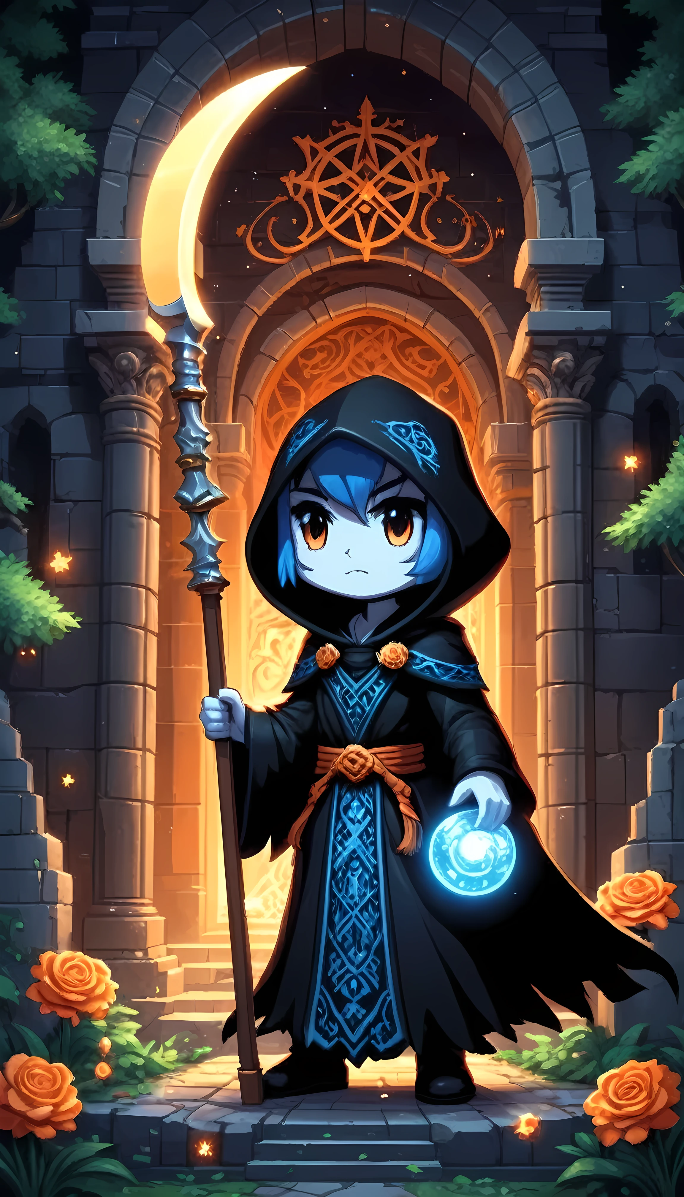 Bright epic professional (cute cartoon pixel illustration:1.2), (masterpiece in maximum 16K resolution, superb quality, ultra detailed:1.3), grip reaper holding a long (decorative scythe:1.2) with (light blue magic orbs), (holding a single rose), standing near a (grand tombstone), wearing a full dark cloak with (glowing runes), amidst forest cemetery, sparkles, starry night with crescent moon.
