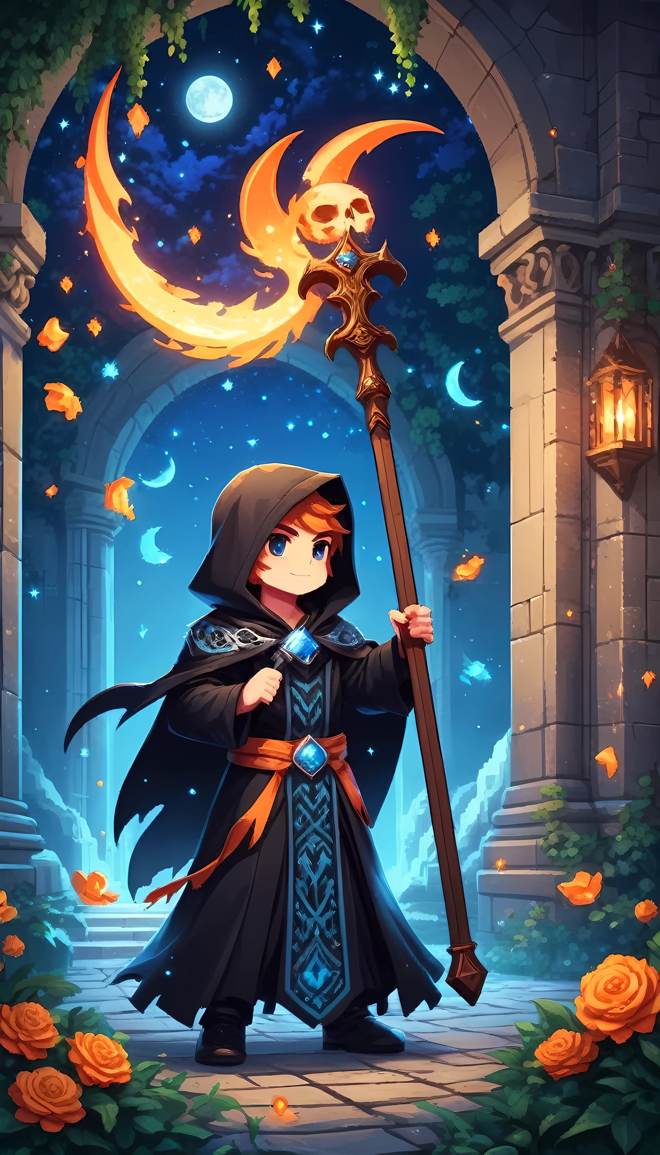 Bright epic professional (cute cartoon pixel illustration:1.2), (masterpiece in maximum 16K resolution, superb quality, ultra detailed:1.3), grip reaper holding a long (decorative scythe:1.2) with (light blue magic orbs), (holding a single rose), standing near a (grand tombstone), wearing a full dark cloak with (glowing runes), amidst forest cemetery, sparkles, starry night with crescent moon.
