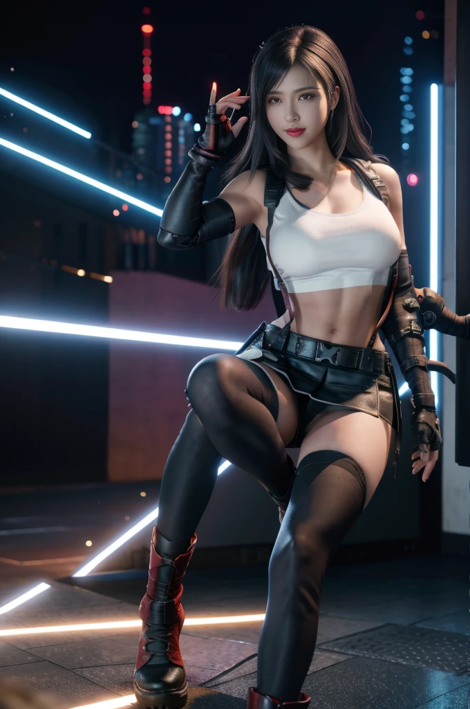 (8K, best quality, masterpiece:1.2), (Practical, photo-Practical), Extremely detailed, 1 girl,Lovely, Solitary, (Tifa Lockhart), (Huge breasts), (Smile:1.2), (Shut up), posture, Strike a pose, Neon, city View, Depth of Field, Depth of Field, Good composition, Final Fantasy VII, Ankle boots, Black Hair, black High Leg Raise, Red boots, Elbow gloves, Elbow pads, Fingerless gloves, Tight shirt, good exercise, (Suspenders attached to skirt), High Leg Raise, (White vest), whole body, Very long hair, ((Red_Eye)), Flowers, (night), Bokeh, movie lighting, National Foundation, Perfect breasts, Sakimichan style