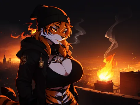 smoking weed with a beanie and goth clothes big breasts, tiger, anthro, female, fur coat, (best quality), (detailed fire urban b...