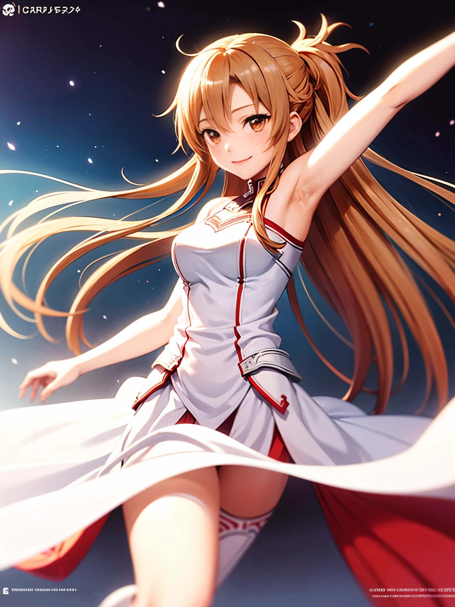 Armpit Show,Big Asuna，A light smile，Raised to be sexy，sword，Have a weapon，White Dress，armor，Floating Hair，Red Skirt，swordで，Stretch your arms，The best quality at its best，Poster