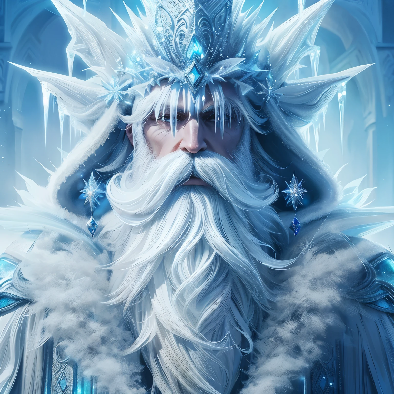 Ice wizard, beard made of ice, fantasy, extravagant robes, digital art