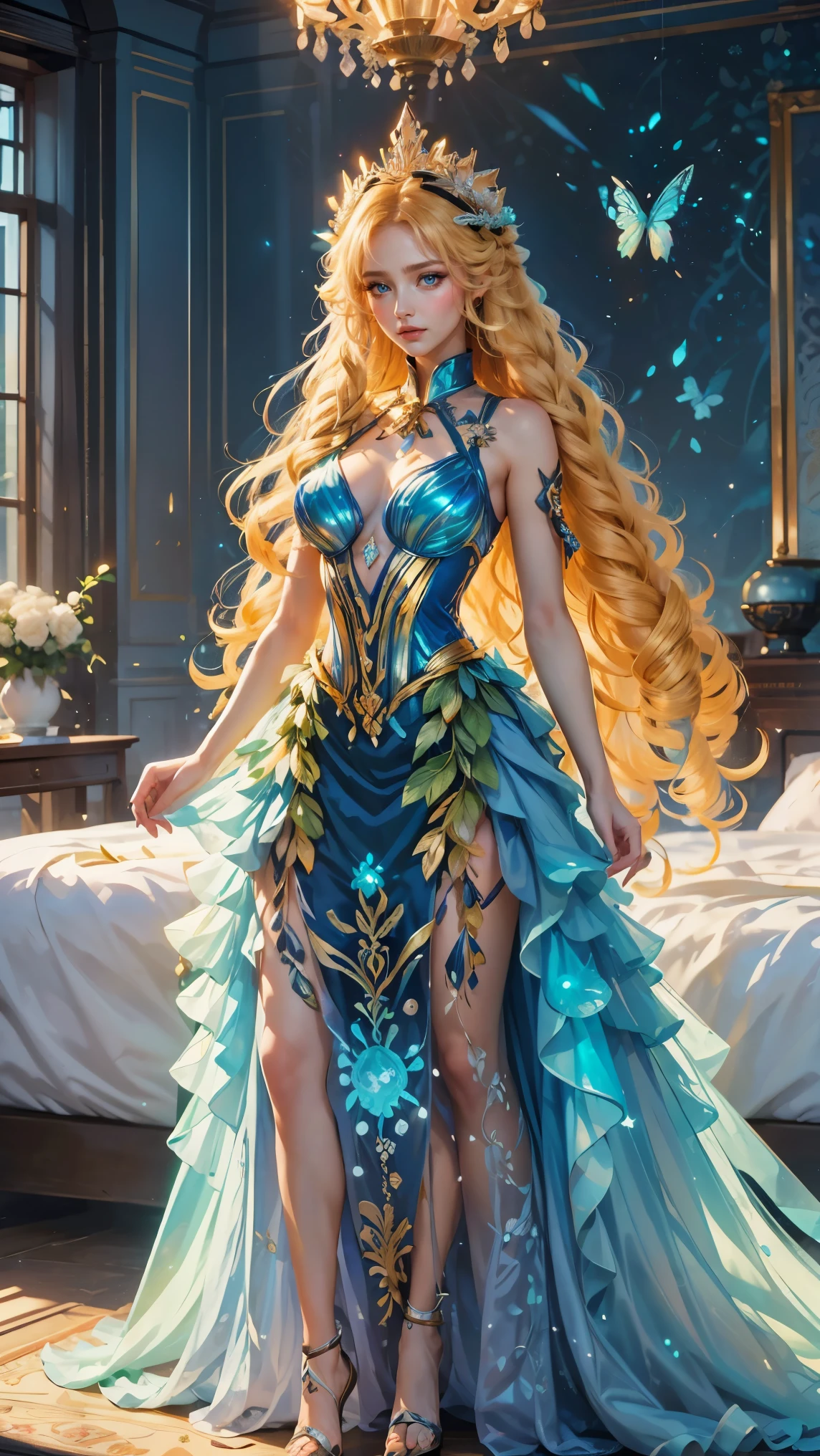 Best quality, masterpiece, ultra high res, raw photo, beautiful and aesthetic, deep shadow, fairy theme,(ultra detailed:1.3),
1girl, standing pose, flower headdress, drill hair, long hair, blonde hair, gradient hair, yellow eyes, solo, huge breasts, big hair, blue hair, divine goddess, looking at viewer, indoors, queen bedroom, empress bed, room full of curtain, astraea, full body, glowing bioluminescent dress