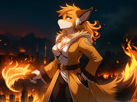 Fox, anthro, female, fur coat, (best quality), (detailed fire urban background:1.2), dramatic lighting, (detailed fluffy fur:1.1...