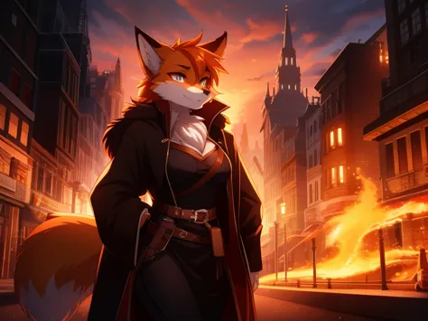 Fox, anthro, female, fur coat, (best quality), (detailed fire urban background:1.2), dramatic lighting, (detailed fluffy fur:1.1...