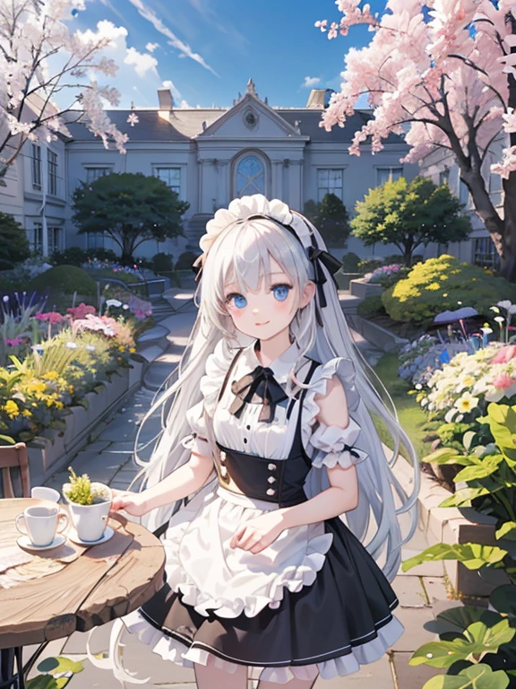 (8k, highest quality, Tabletop:1.2)、Ultra-high resolution, Detailed face, Perfect Fingers, 14-year-old girl, blue eyes, Silver Hair, Long Hair, Black maid outfit, Black bonnet, White apron, Dreamscape, garden, flower bed, Pruning in progress