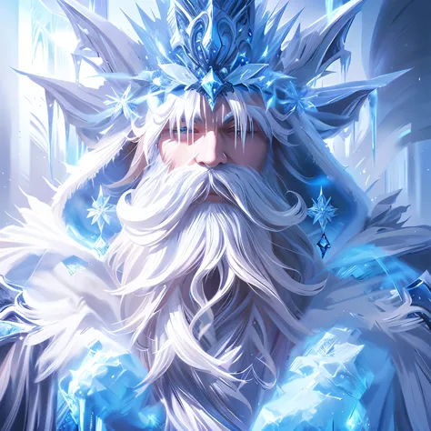 Frosty Ice wizard, beard made of ice, fantasy, extravagant robes, digital art