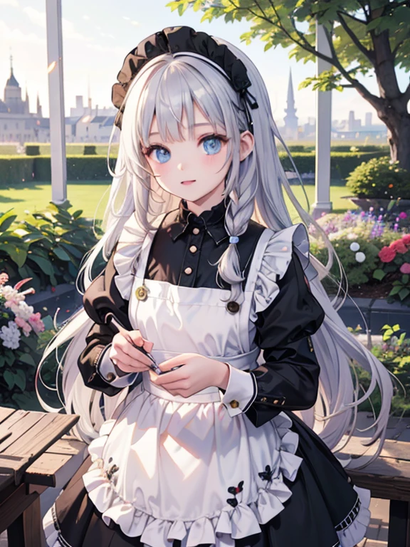 (8k, highest quality, Tabletop:1.2)、Ultra-high resolution, Detailed face, Perfect Fingers, 14-year-old girl, blue eyes, Silver Hair, Long Hair, Braid, Black maid outfit, Black bonnet, White apron, Dreamscape, garden, flower bed, Pruning in progress