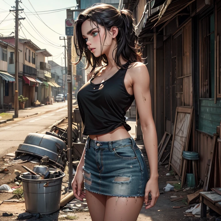 Masterpiece, best quality, 8K Wallpaper, HDR, octane rendering. A dirty girl standing, poor, (wearing filthy white tank top), (filthy denim short skirt), sandals, sad expression, (filthy alley), trailer park trash, detailed scenery, the girl has (Messy medium hair, hair glossy black), (Beautiful and detailed face with perfect symmetry), (Beautiful and detailed green eyes), (soft lips), (body with perfect anatomy, perfect natural texture, high details, glowing skin) cinematic lighting, vivid colors, illustration detailed, depth of field.