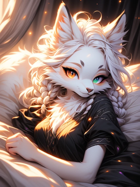 ( Absurdly , High quality , ultra detailed ) ,( hand detailed ) , absurdres(highly detailed beautiful face and eyes)perfect anatomy Solo, sfw, Young Female white fox-cat (((lean-body))) (((medium breasts))) (short snout), (heterochromia (orange, violet)), (cat tail (black at end)), (white hair (single-braided)), ((looking at viewer)) ((Female wolf)) (detailed eyes), ((((fluffy white fur)))) ((extremely detailed fur)) ((hair in face)) (big braid), sfw, (thin long tail) (heterochromia) (extremely detailed eyes) (((lying in bed, on her chest))) (lying under the covers) ((under the covers)) hidden under the covers, lying on her chest 