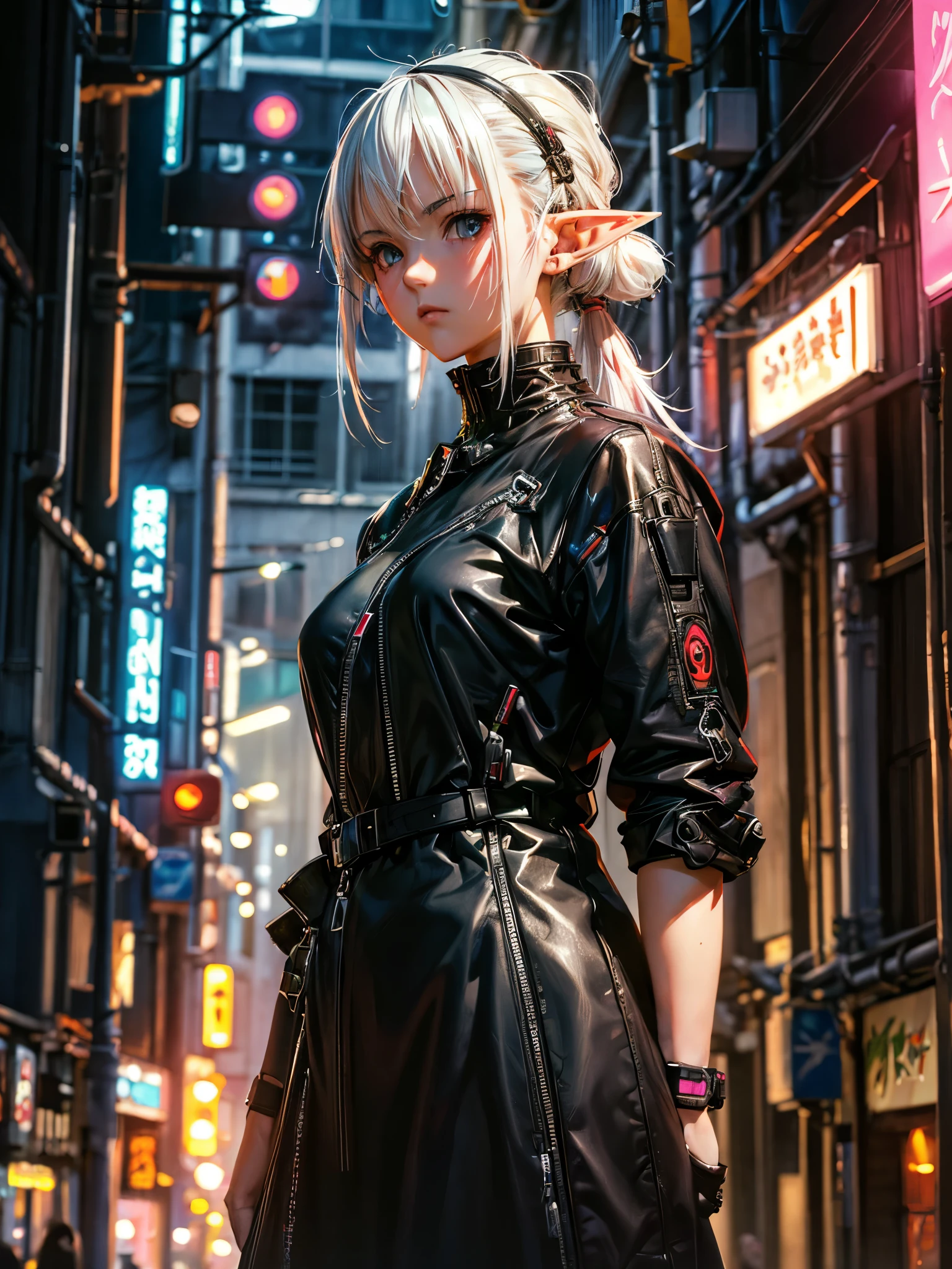 masterpiece, Girl with white hair, cyber punk, Style Art Germ, Elf Girl, Range Murata and Artgelm, Naturepunk, neon