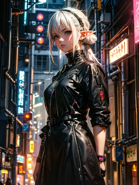 masterpiece, girl with white hair, cyber punk, style art germ, elf girl, range murata and artgelm, naturepunk, neon