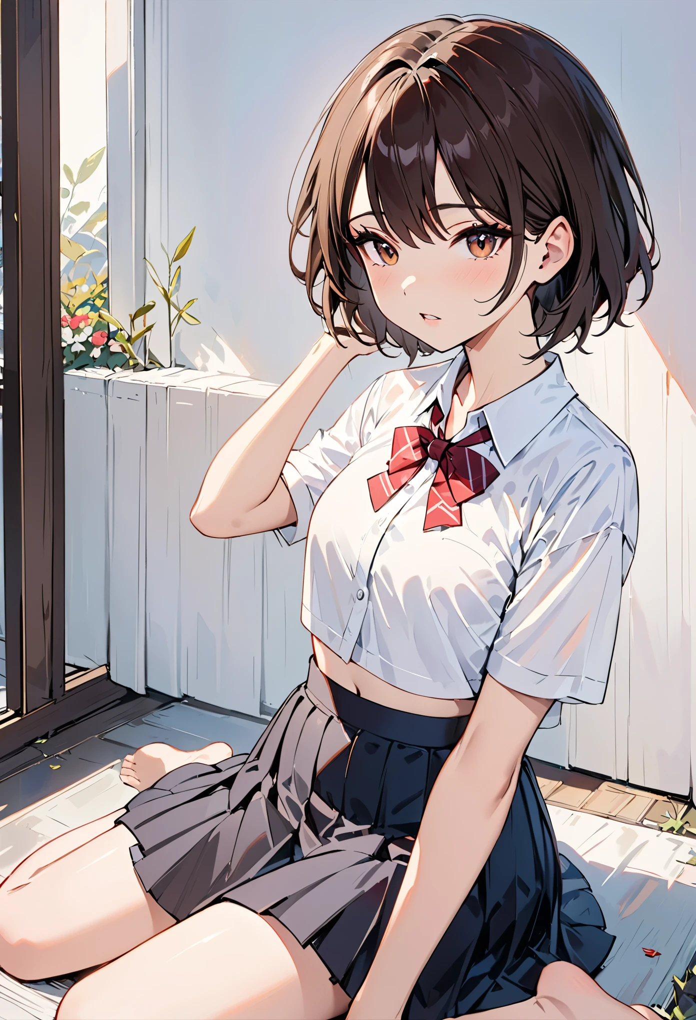 masterpiece,best quality,youhue,1girl,solo,skirt,navel,shirt,sitting,midriff,white shirt,parted lips,short sleeves,short hair,wariza,black skirt,collared shirt,bow,brown hair,school uniform,