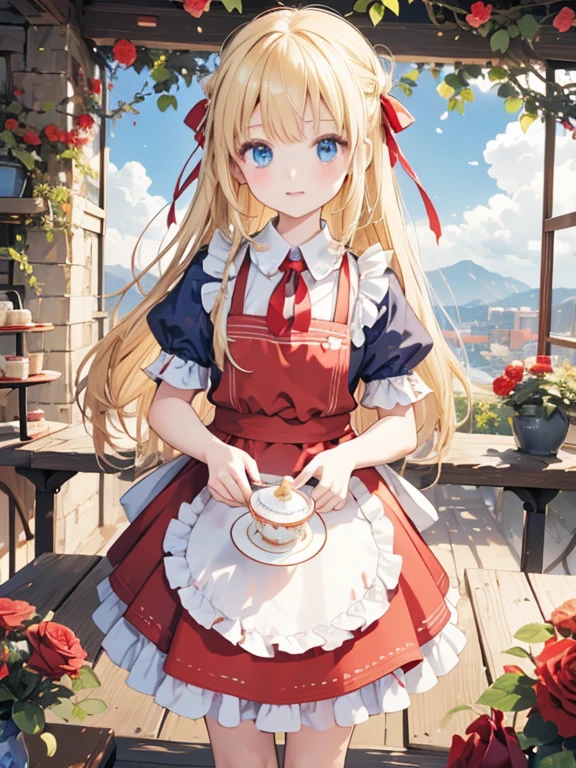 (8k, highest quality, Tabletop:1.2)、Ultra-high resolution、One 10-year-old girl, Detailed face、blue eyes, blonde, Red ribbon on head, Red dress, White apron, blue sky, garden, Red Rose, table cloth, Set of cake and tea on the table, Standing by the table