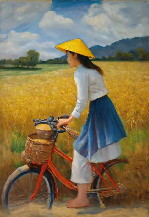 oil painting,vietnamese,traditional hat,bicycling,in a field,(best quality,ultra-detailed),vivid colors,portrait,soft lighting, ...