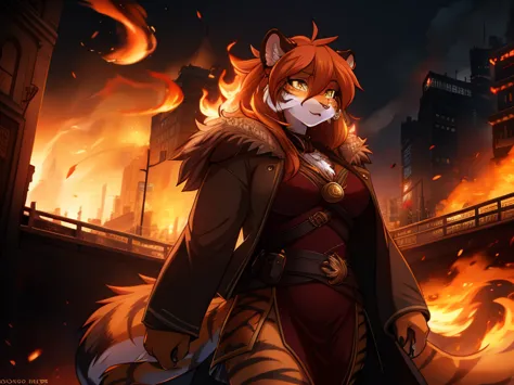 tiger, anthro, female, fur coat, (best quality), (detailed fire urban background:1.2), dramatic lighting, (detailed fluffy fur:1...