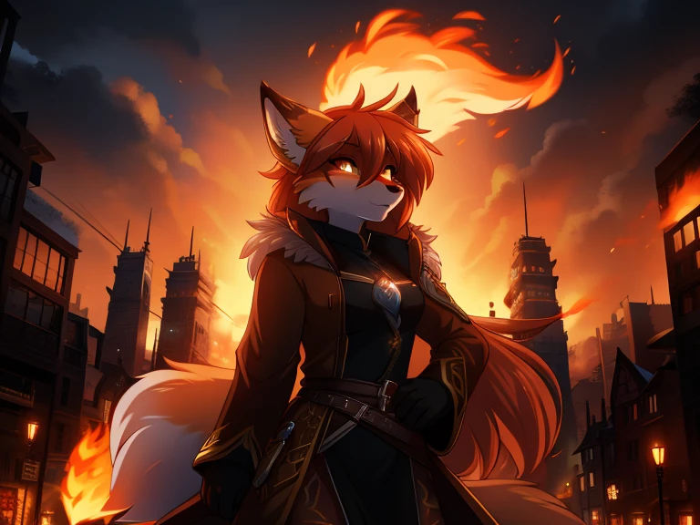 Fox, anthro, female, fur coat, (best quality), (detailed fire urban background:1.2), dramatic lighting, (detailed fluffy fur:1.1), (fantasy:1.2)