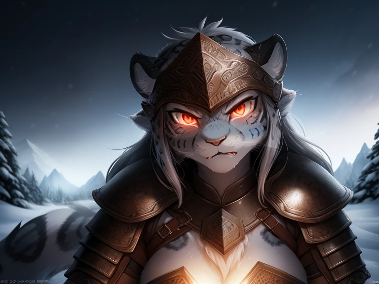 ((angry anthro snow leopard female wearing epic viking armor with runes and a helmet )), (red glowing eyes) ,RAW photo, (epic ice Jotunheim landscape),(fighting ice giant) masterpiece, Nordic, smoke, best quality, dynamic pos, ultra detailed, metal plates, rust, full bodyt, light trail, dramatic lighting, red tone, short_hair, Photorealistic, Hyperrealistic, Hyperdetailed, analog style,soft lighting, subsurface scattering, realistic, heavy shadow, masterpiece, best quality, ultra realistic, 8k, High Detail, film photography, soft focus, (closeup to face), high quality photography, 3 point lighting, flash with softbox, 4k, Canon EOS R3, hdr, smooth, sharp focus, high resolution, award winning photo, 80mm, f2.8, bokeh , detailed, realistic, 8k uhd, high quality