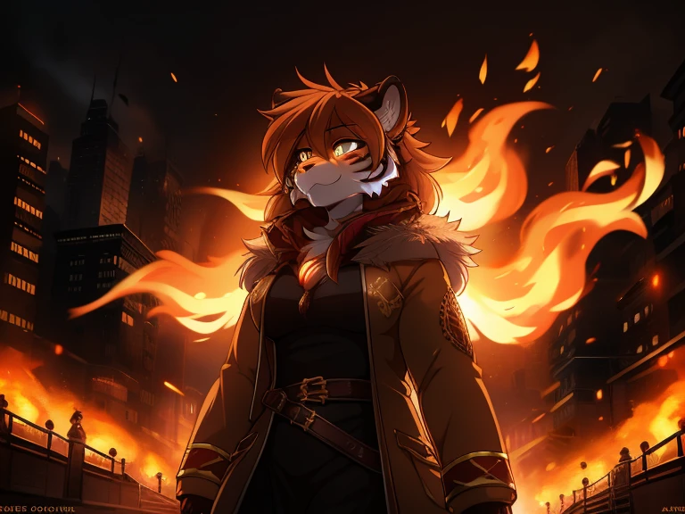 tiger, anthro, female, fur coat, (best quality), (detailed fire urban background:1.2), dramatic lighting, (detailed fluffy fur:1.1), (fantasy:1.2)