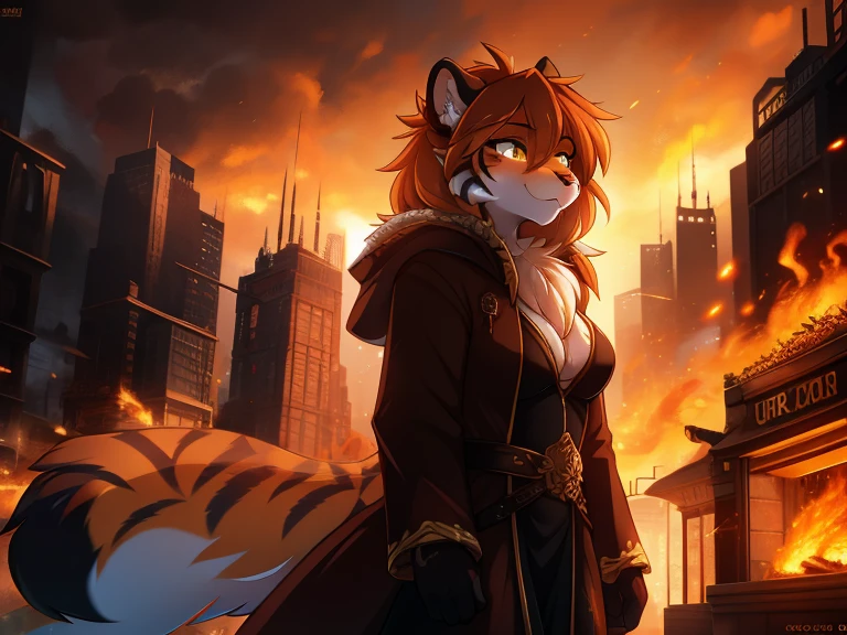 tiger, anthro, female, fur coat, (best quality), (detailed fire urban background:1.2), dramatic lighting, (detailed fluffy fur:1.1), (fantasy:1.2)