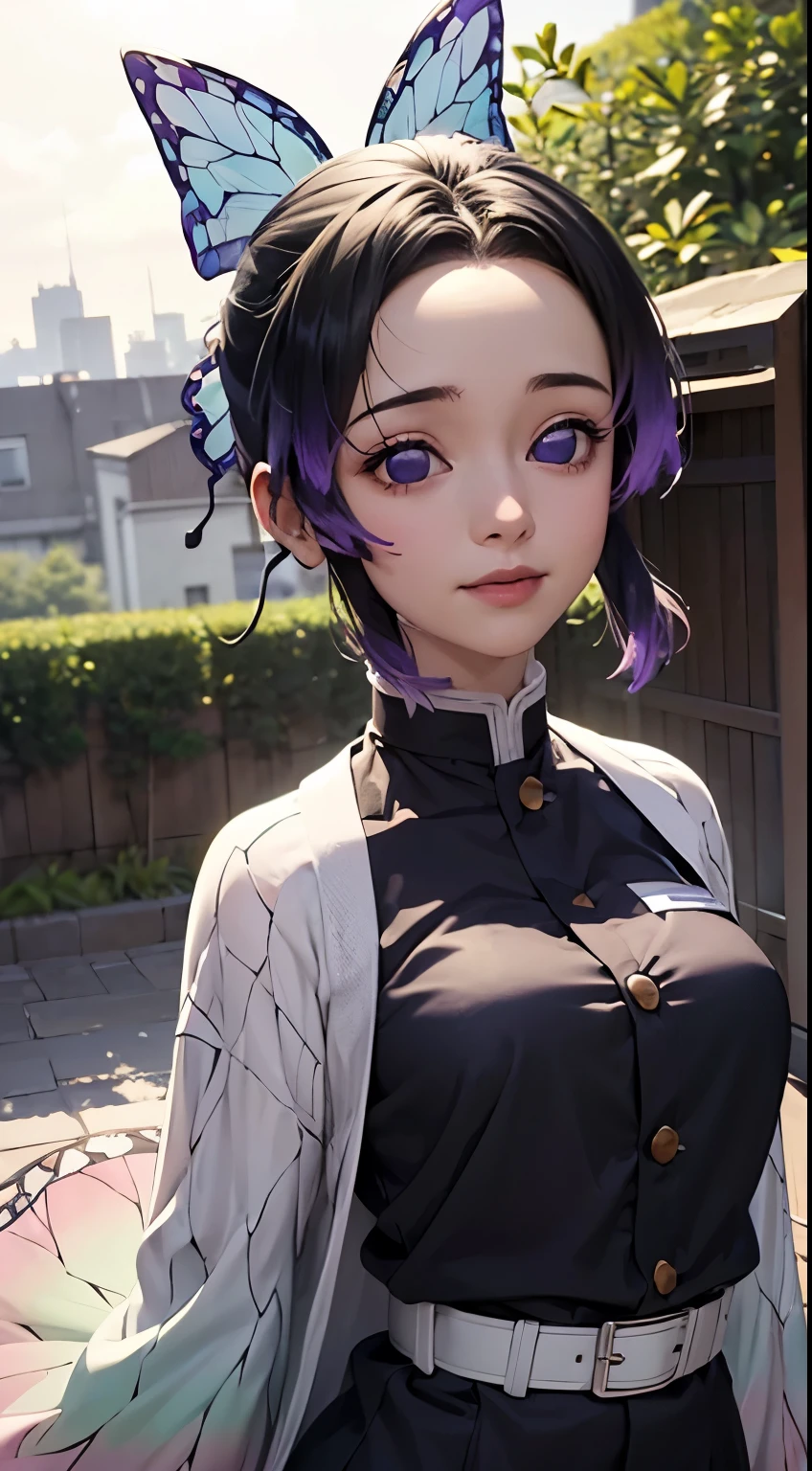 Ultra-realistic 8K CG,masterpiece,((Highly detailed background, Delicate pattern, Intricate details)),highest quality,very detailed face,Very beautiful eyes and face,Very beautiful eyes,Kocho Shinobu,Colorful Hair,No bangs,Hair intake,Purple eyes,amount,Black Shirt,Black trousers,Haori,butterfly,button,belt,(garden:1.2),Purple Flower,a bit,cloudy null,sunlight,Tyndall effect,slope_null,face,Gorgeous null,West Saber,Attractive posture,