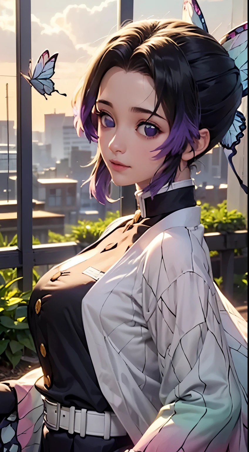 Ultra-realistic 8K CG,masterpiece,((Highly detailed background, Delicate pattern, Intricate details)),highest quality,very detailed face,Very beautiful eyes and face,Very beautiful eyes,Kocho Shinobu,Colorful Hair,No bangs,Hair intake,Purple eyes,amount,Black Shirt,Black trousers,Haori,butterfly,button,belt,(garden:1.2),Purple Flower,a bit,cloudy null,sunlight,Tyndall effect,slope_null,face,Gorgeous null,West Saber,Attractive posture,