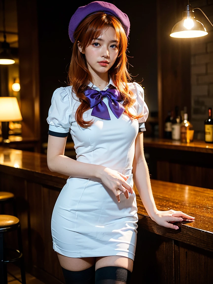 (1 lady), The beautiful, (Best quality at best:1.4), (ultra - detailed), (extremely detailed CG unified 16k), orange natural red hair, very detailed, High-definition RAW color photo, professional photoshooting, amazing face and eyes, cosmetics, (amazingly beautiful girl), ((rena ryuuguu)), ((beret, black thighhighs, bow, bowtie, dress, hat, puffy short sleeves, puffy sleeves, purple bow, purple bowtie, short sleeves, thighhighs, white dress, zettai ryouiki)), standing, fashion posture，(Dark and stylish bar, drinks, lamp lights, lamp lights:1.3), (look from down), realistic cinematic face, head to feet long wide zoomed out view, full body long view, photorealistic, ((realistic natural orange red hair style, bright sky-blue eyes:1.2)), gorgeous, extremely beautiful face, perfect model beauty, pout mouth, flirting smile, (masterpiece), best quality, high resolution, extremely detailed, blurred background, depth of field, cinematic lighting, amazing legs, high heels, clear and well-cared skin