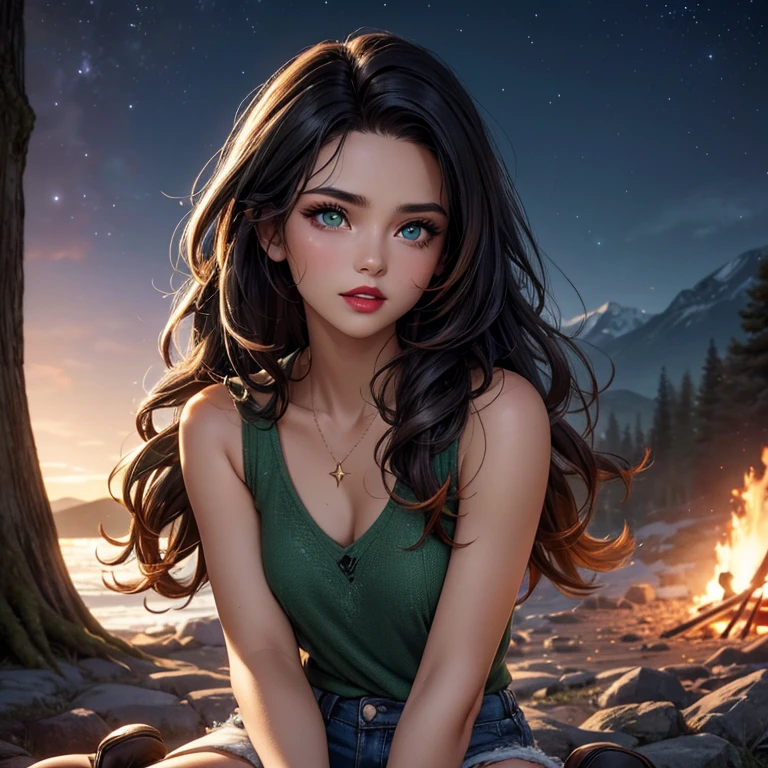 Masterpiece, best quality, 8K Wallpaper, HDR, octane rendering. A girl in a short tank top, short denim skirt, sandals, camp, mountains, trees, bonfire, starry night sky, beautiful detailed scenery, the girl has (Messy hair over her shoulder, medium black hair), (hair color: 1.4 ), (Beautiful and detailed face with perfect symmetry), (Beautiful and detailed green eyes: 1.2), (smooth lips, lipstick, teeth: 1.2), (body with perfect anatomy, perfect natural texture, high details, glowing skin), cinematic lighting, vivid colors, detailed illustration, depth of field