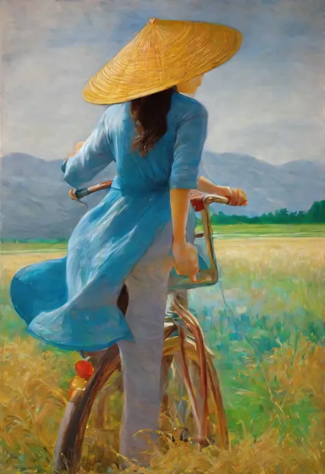 an oil painting of a girl with a traditional vietnamese hat bicycling in a beautiful field. the girl has eyes and lips with exqu...