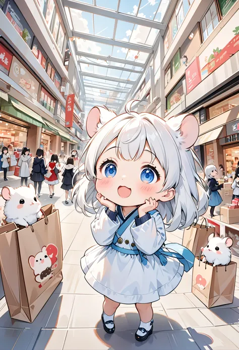 a cute little white hamster, fluffy,chibi, adorable kawaii, hands on cheek, blush,excited, open mouth, dynamic angle,looking up,...