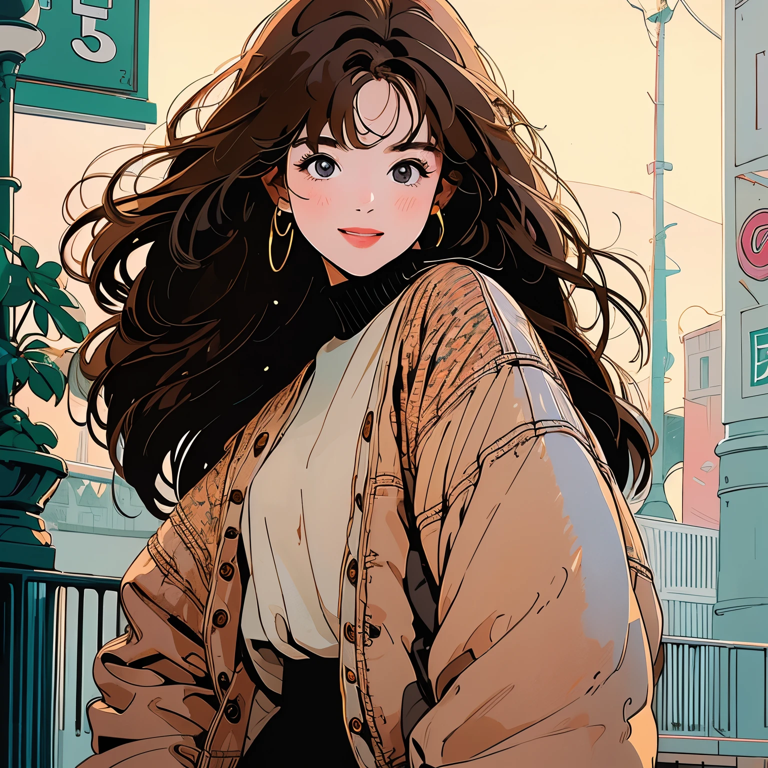 whole body, Upper Body、Beautiful woman、1 person, 4k, sweater、skirt, Shopping Street、Complex background、Light brown hair、Detailed Hair、smile、I have a book