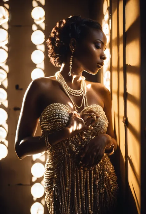 Wide angle shot  of a black woman, covered in a pearl dress and pearl necklace, in a dark room with sunlight shining through the...