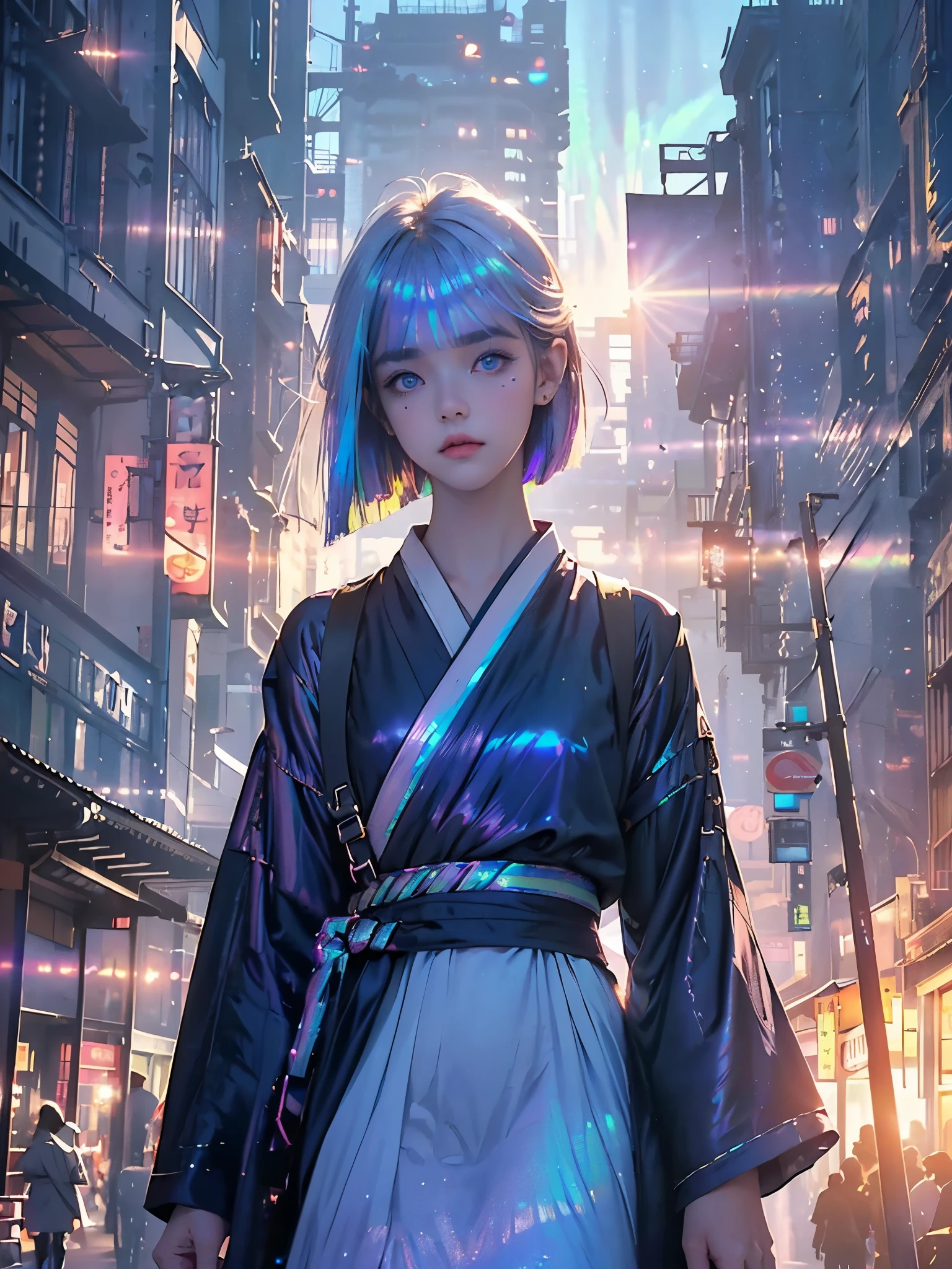 A girl fairy, walking through the streets of Tokyo among people, convenience stores in the field of vision, people crossing the center of Tokyo, (((the fairy has navy blue eyes, white shot bob hair, and walks down the street looking to the sides ))), {extremely detailed 16k CG unit wallpaper}, expansive landscape photography, (a low view focusing on the character and setting), (wide open field view), (low angle shot) , (high light: 1.7), (low light: 1.2), (warm light source: 1.5), complex details, (iridescent colors: 1.7), (bright lighting), (atmospheric lighting), dreamy
