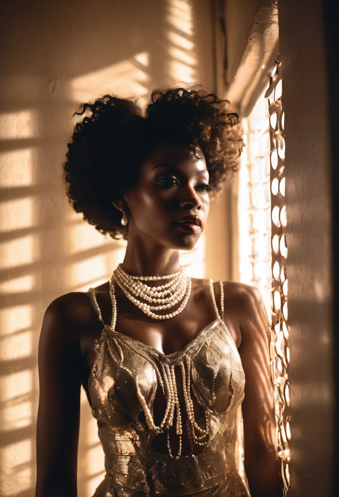 Plano grande angular de uma mulher negra, coberta com um vestido de pérolas e colar de pérolas, em uma sala escura com a luz do sol brilhando através dos buracos na parede e ventiladores proporcionando uma bela imagem cinematográfica, Iluminação Moody Chiaroscuro, alta resolução 