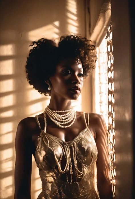 Wide angle shot  of a black woman, covered in a pearl dress and pearl necklace, in a dark room with sunlight shining through the...