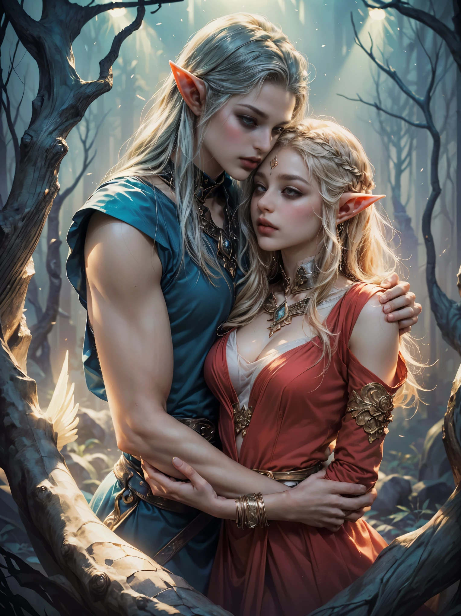 ((of the highest quality, Masterpiece, Maximum image quality, idyllic, Handsome, 8k)), ((pareja joven de elfos hermoso y detallados heterosexual:1.5, hugging and kissing face to face, heterosexual:1.5)), ((Elven clothing, bows and arrows:1.4)), ((pointy elf ears, caHandsome hermoso y detallado ondulado estaba recogido:1.4)), ((Very hot and sexy, powerful elegant, Amazing beauty, perfect proportions, Beautiful body well defined and detailed, Slim body beauty:1.4)), ((detailed skin, detailed eyes:1.4)), cowboy shot, (best ratio: 4 fingers, 1 thumb), Skin is moist and shiny., ((beautiful lighting throughout the body:1.2)), (passionate kiss:1.3), illuminated by a blue light from below, ((epic elven environment epic lighting:1.4)),
