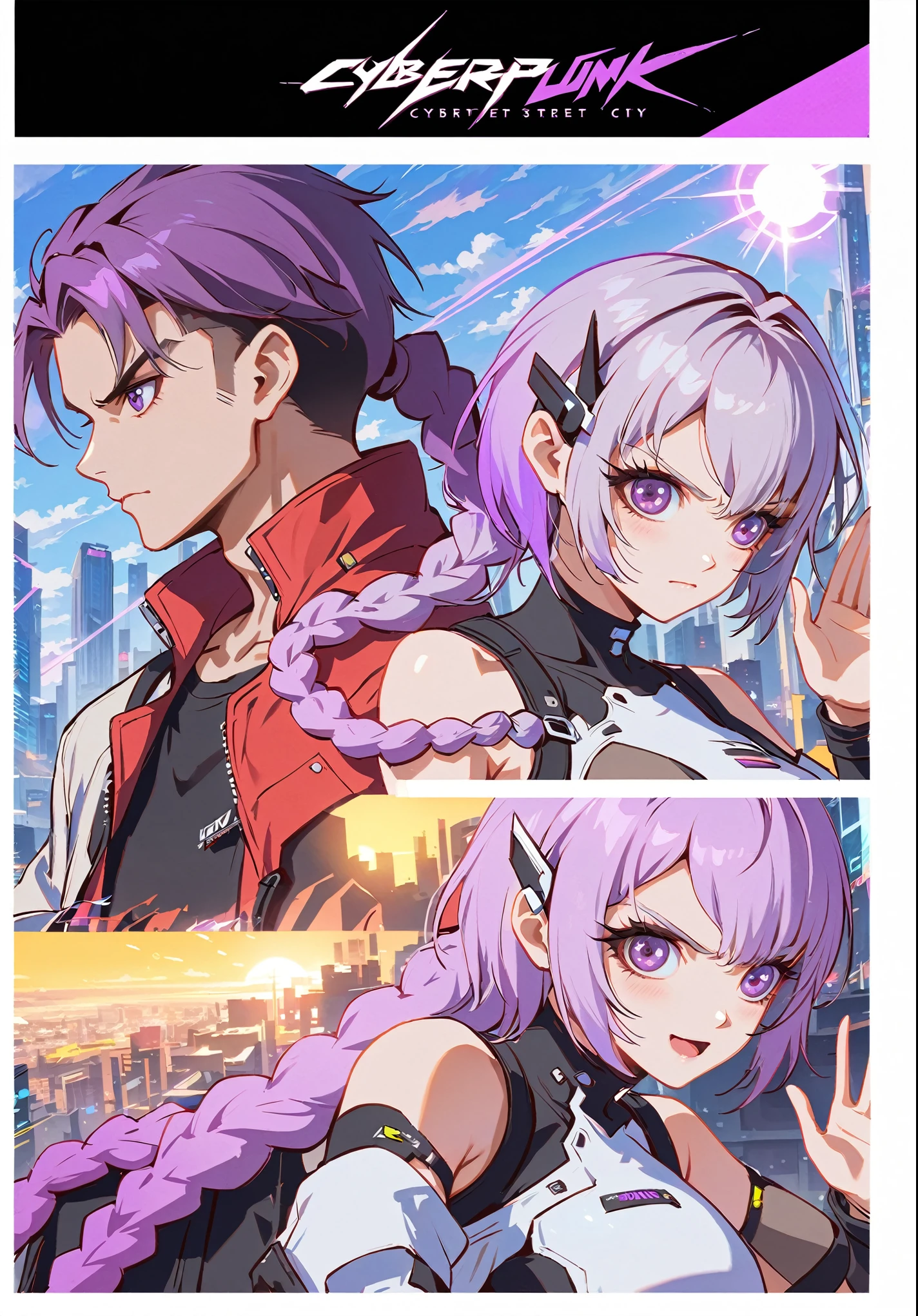 lovers,1boy,1girl,cp,cyberpunk street,fighting stance,yinji,fighting clothes,fighting pose,yinji,purple_hair,purple_eyes,very_long_hair,grey_hair,braided_ponytail,large_breasts,gradient_hair,,ray,sky,sun,cloud,cyber punk Girl, cyberpunk fashion,depth of fields, cyberpunk city background, cinematic lighting,