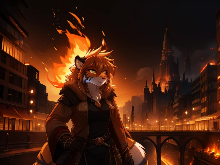 tiger, anthro, female, fur coat, (best quality), (detailed fire urban background:1.2), dramatic lighting, (detailed fluffy fur:1.1), (fantasy:1.2)